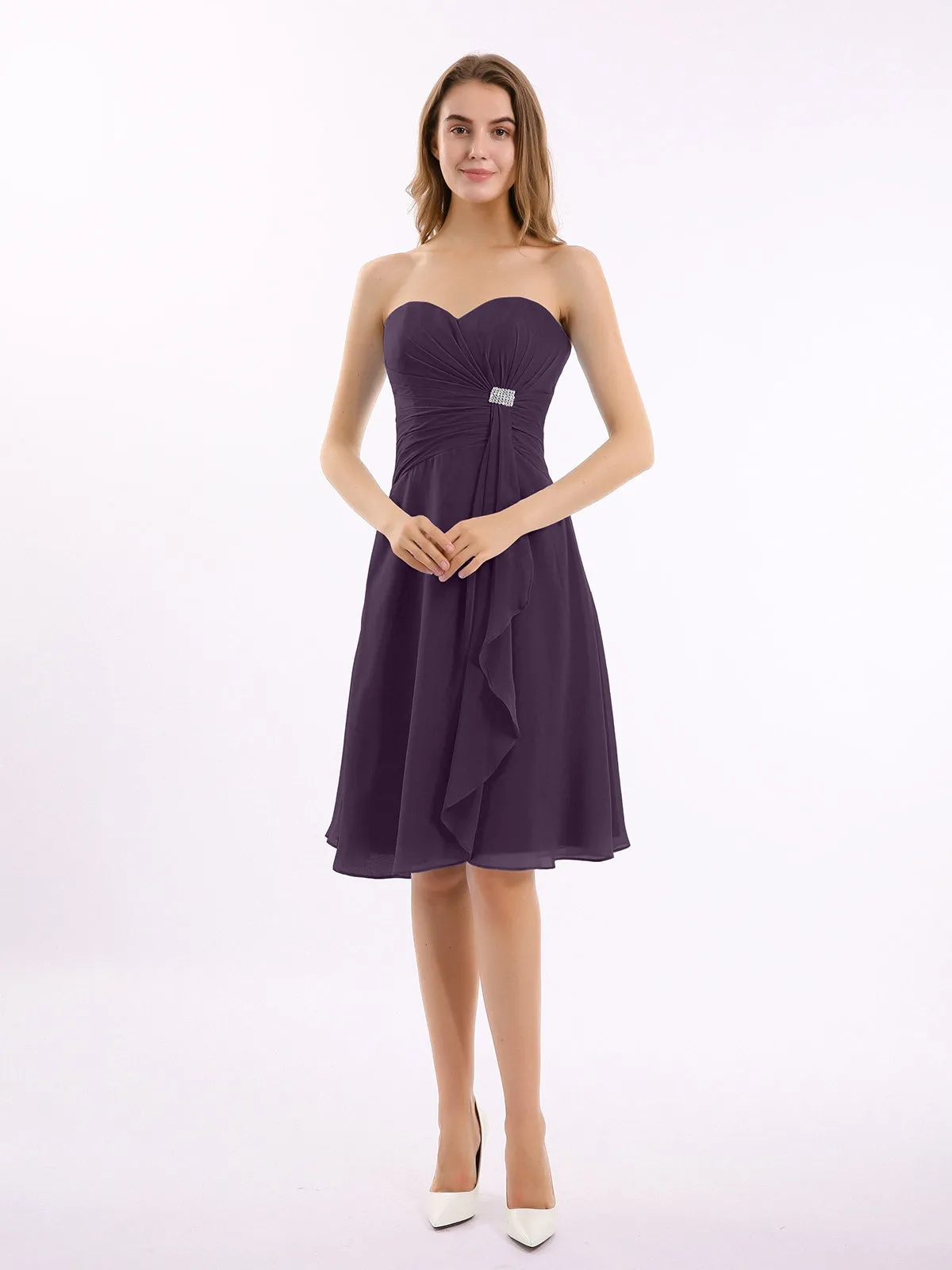 Knee Length Chiffon Dress with Sweetheart Neck-Plum