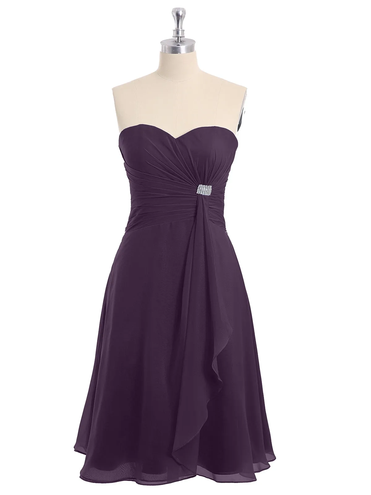 Knee Length Chiffon Dress with Sweetheart Neck-Plum