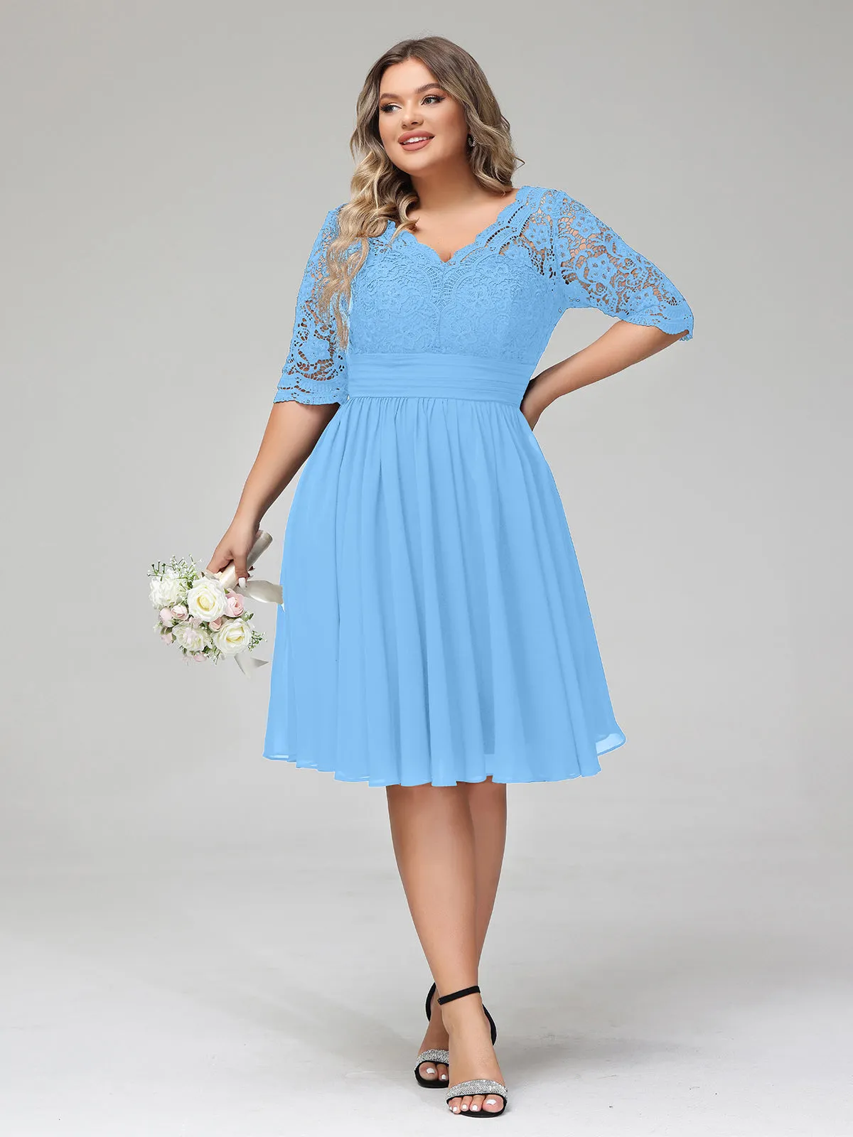 Lace and Chiffon Short Dress with Half Sleeves Blue