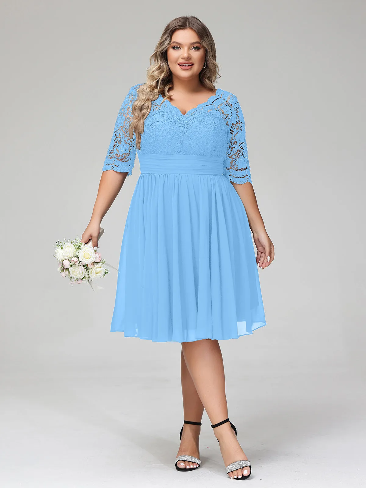 Lace and Chiffon Short Dress with Half Sleeves Blue