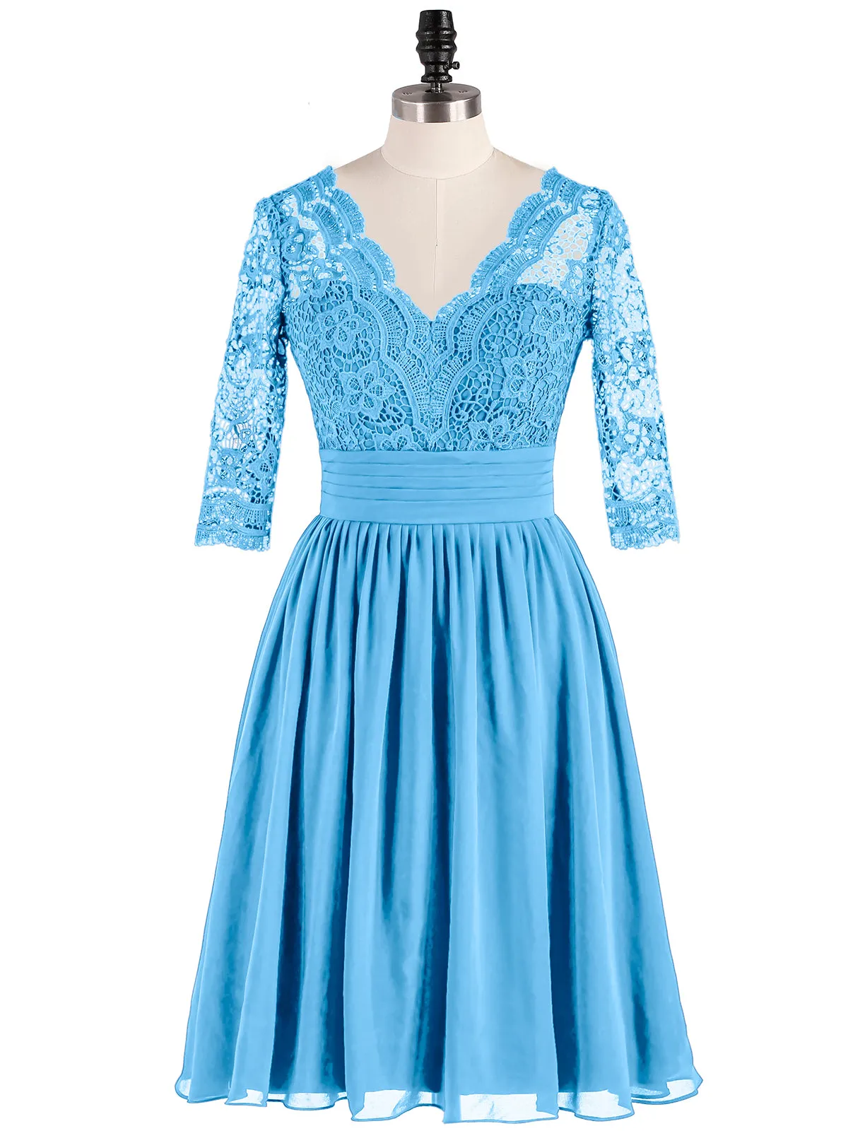 Lace and Chiffon Short Dress with Half Sleeves Blue