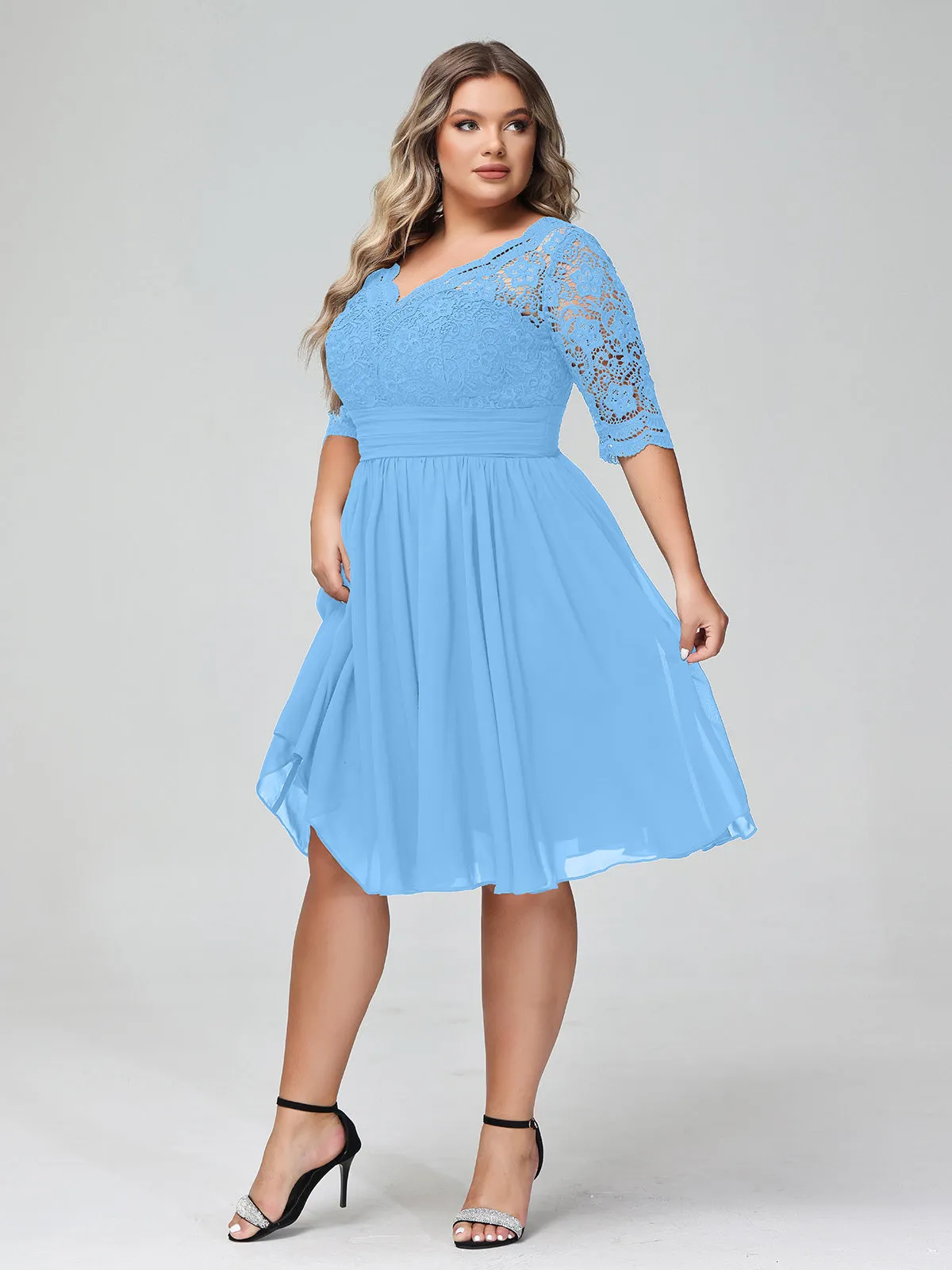 Lace and Chiffon Short Dress with Half Sleeves Blue