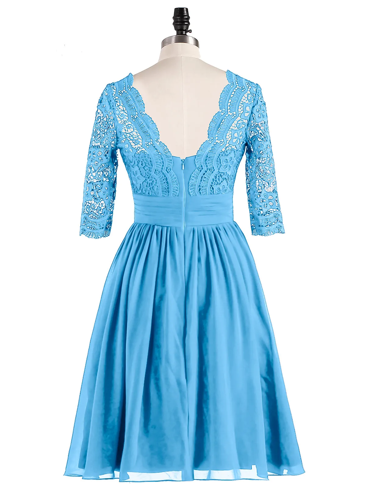 Lace and Chiffon Short Dress with Half Sleeves Blue