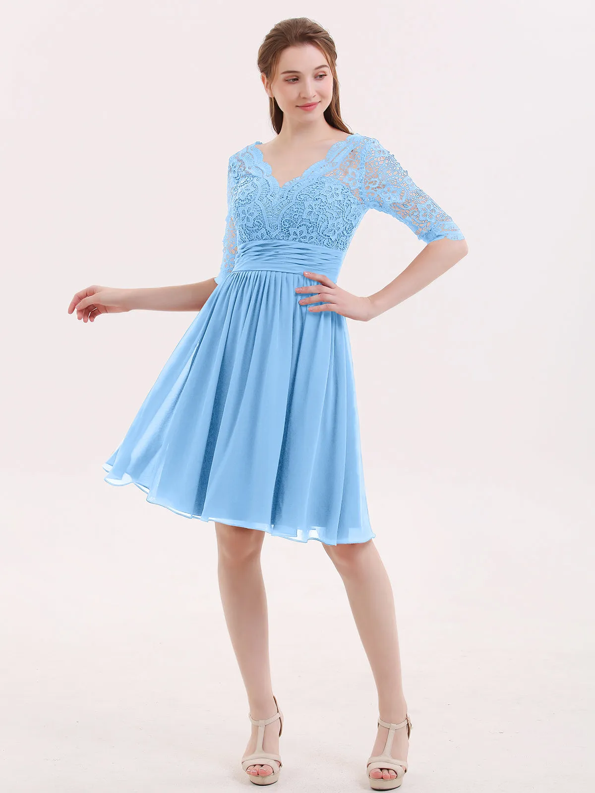 Lace and Chiffon Short Dress with Half Sleeves Blue