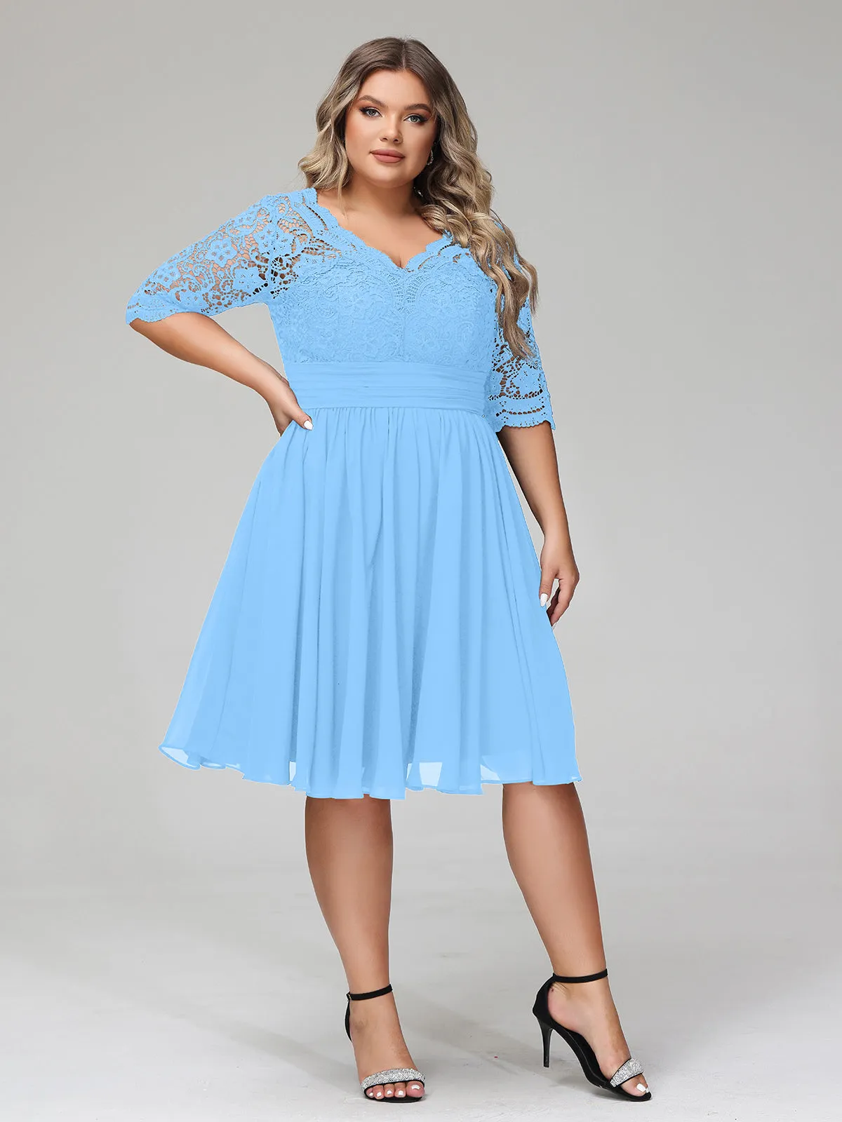 Lace and Chiffon Short Dress with Half Sleeves Blue