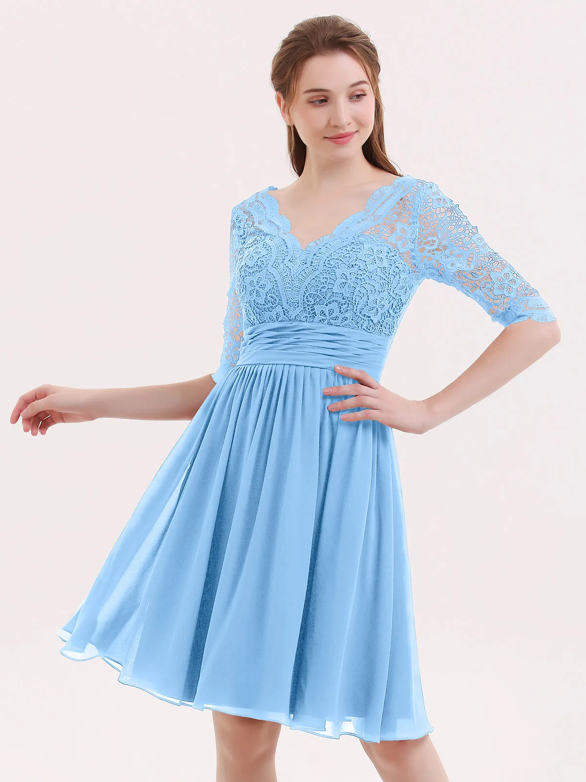 Lace and Chiffon Short Dress with Half Sleeves Blue