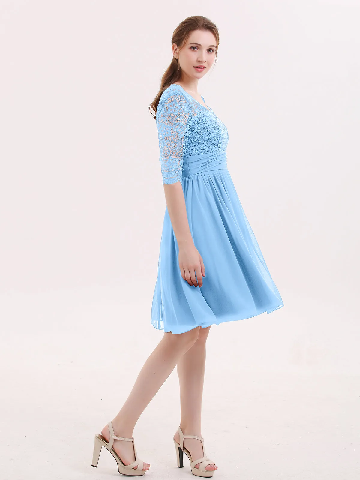 Lace and Chiffon Short Dress with Half Sleeves Blue