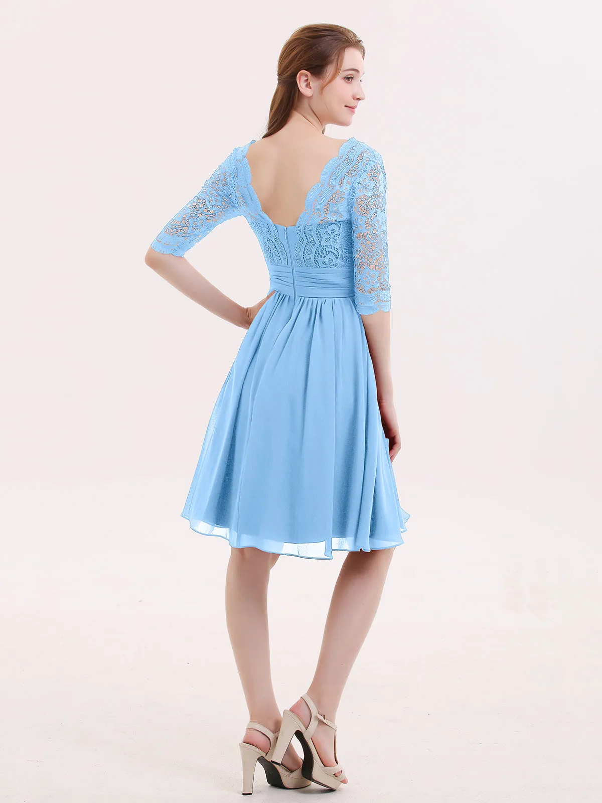 Lace and Chiffon Short Dress with Half Sleeves Blue