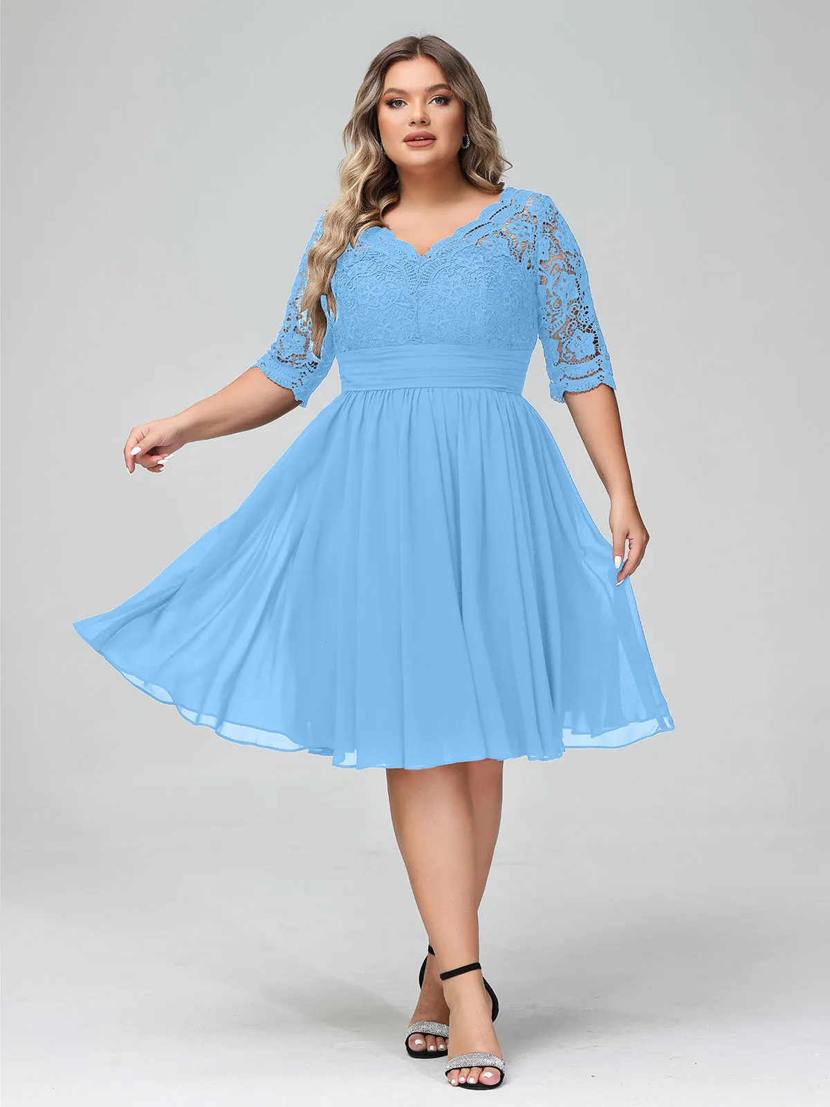 Lace and Chiffon Short Dress with Half Sleeves Blue