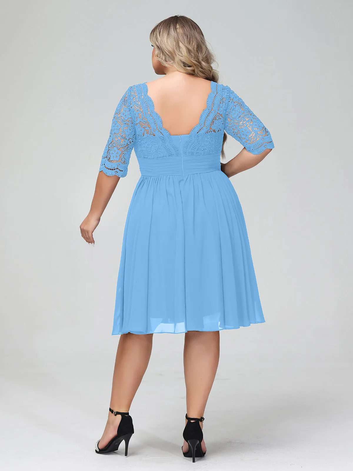 Lace and Chiffon Short Dress with Half Sleeves Blue