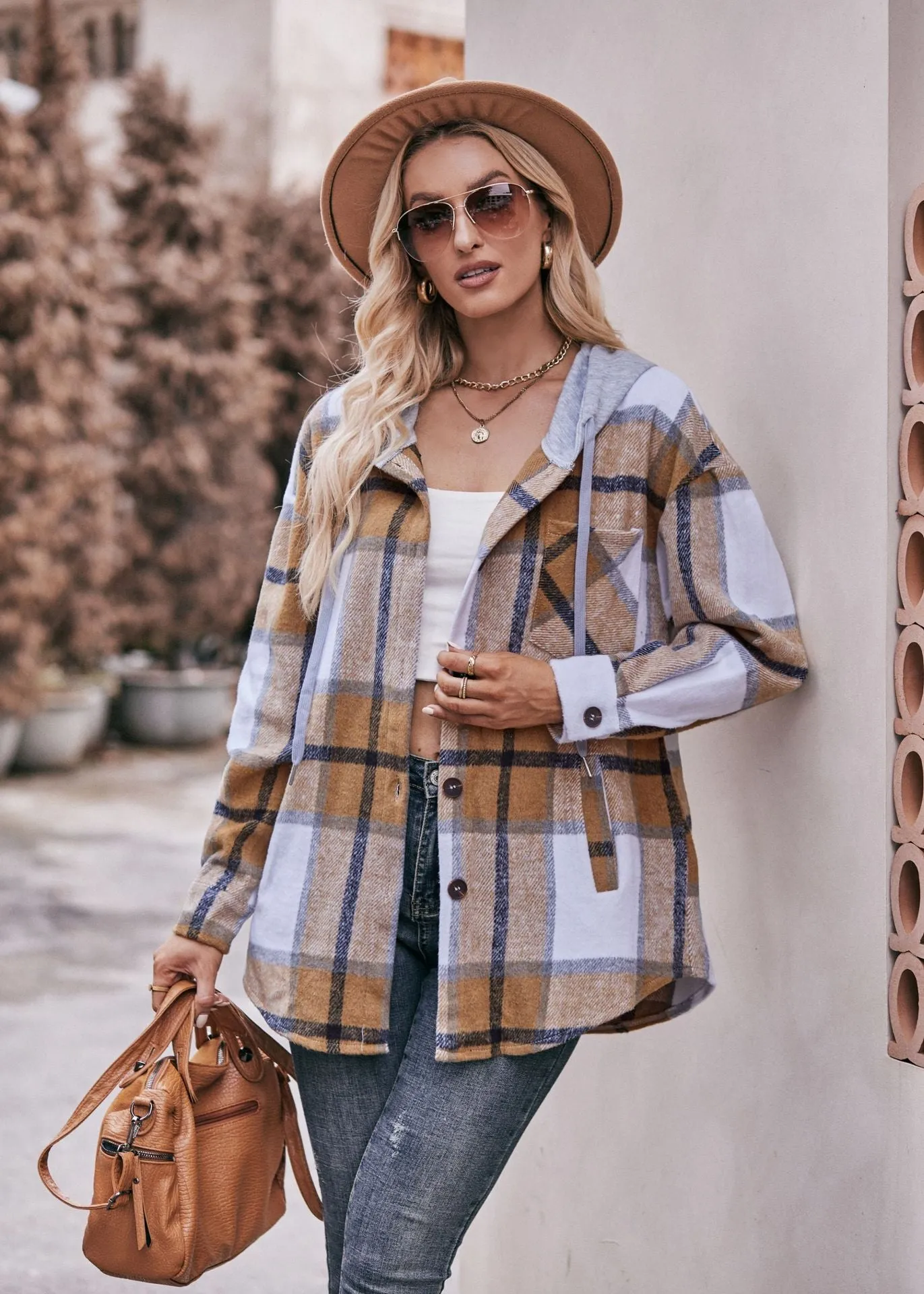 Ladies Hooded Jacket Casual Medium and Long Checked Shirt