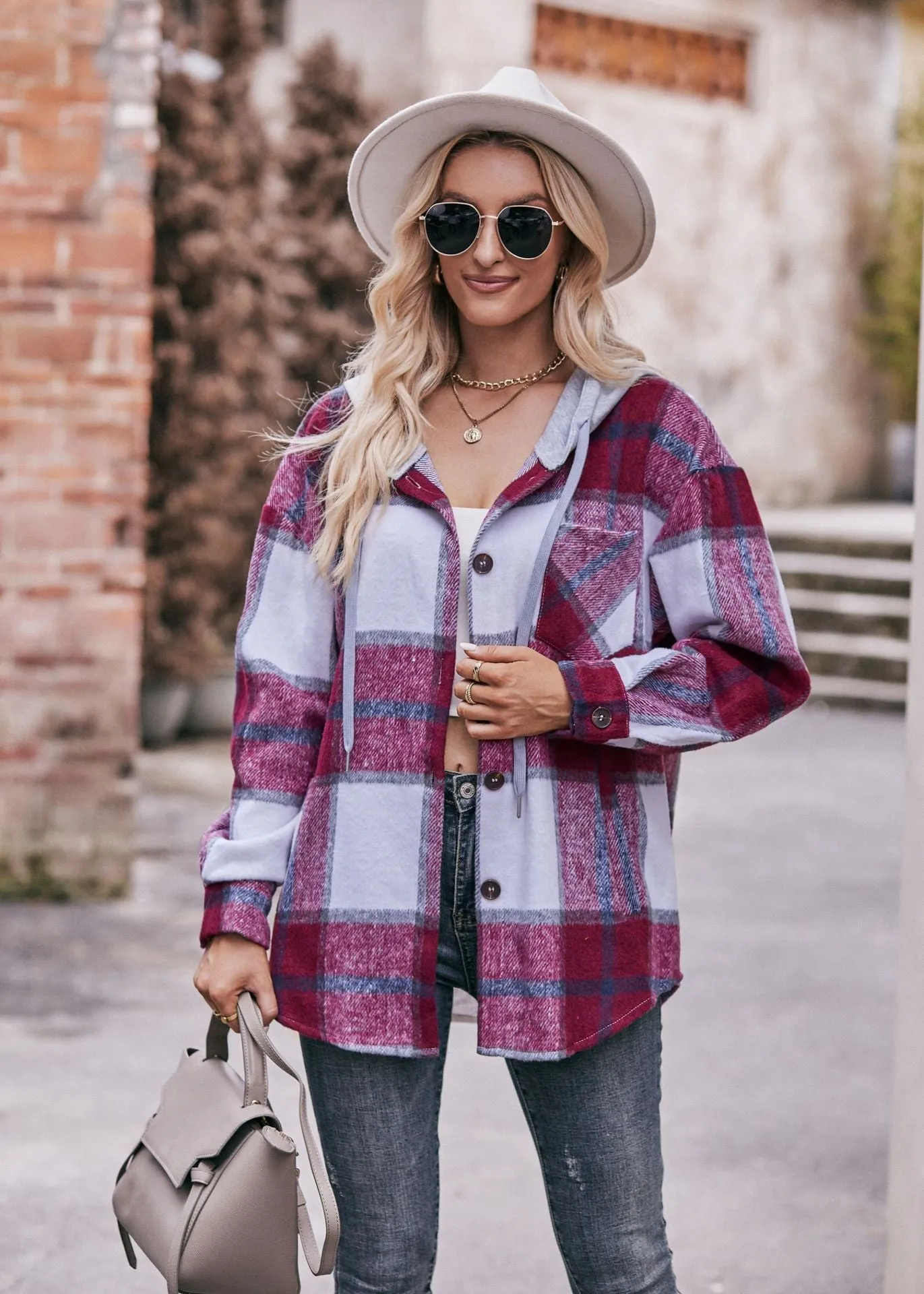 Ladies Hooded Jacket Casual Medium and Long Checked Shirt