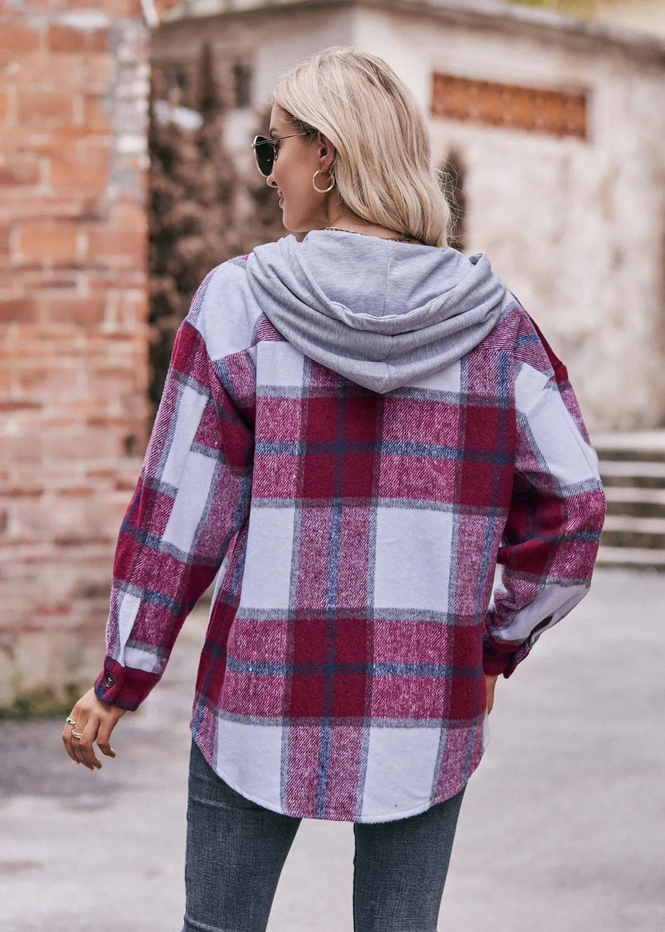 Ladies Hooded Jacket Casual Medium and Long Checked Shirt