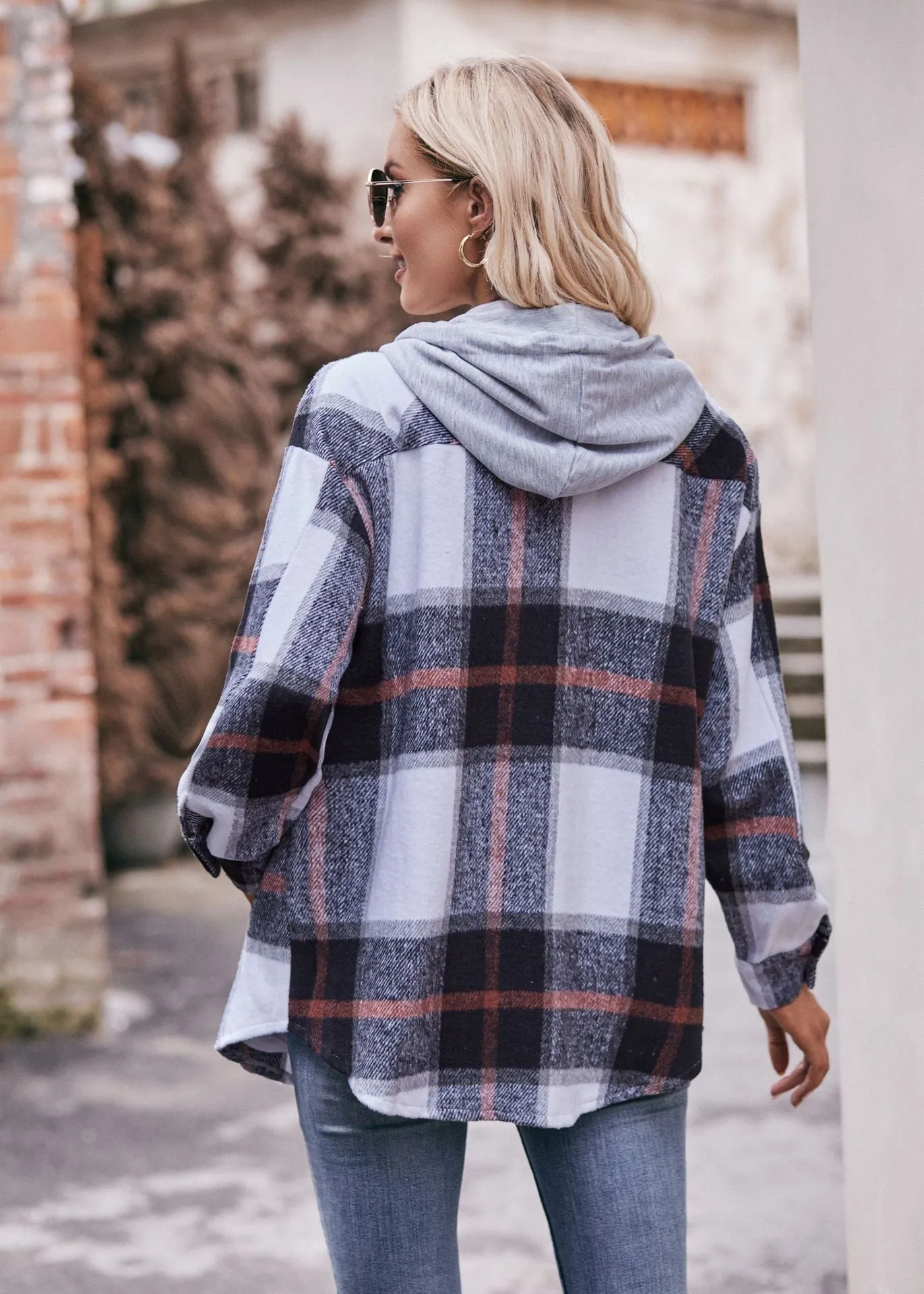 Ladies Hooded Jacket Casual Medium and Long Checked Shirt