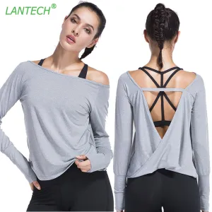 LANTECH Women Yoga Shirt Sports Running Sportswear Training Backless Fitness Exercise Gym Shirt Clothes Long Sleeve Jerseys