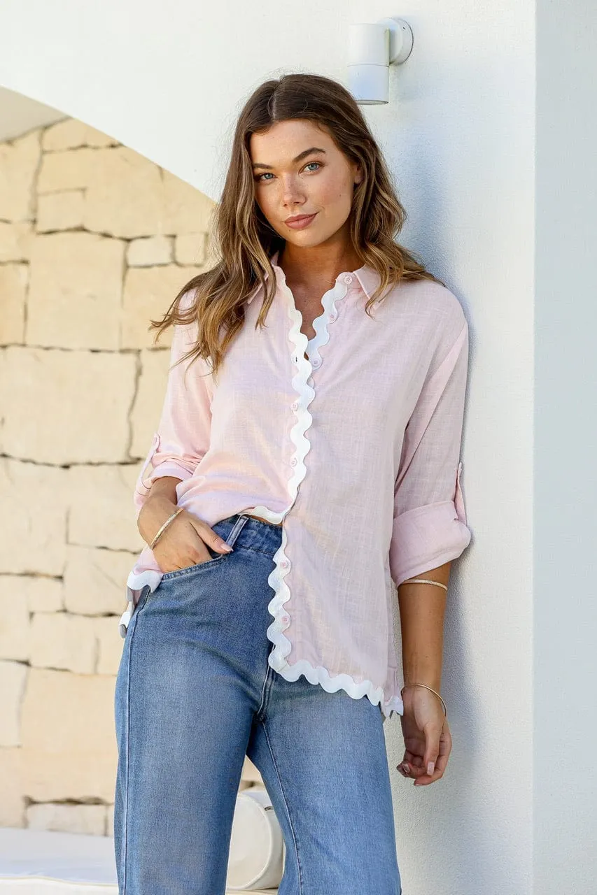 Linen Blend Ric Rac Trim Button Shirt - Pink