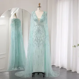 Luxury Turquoise V-Neck Evening Dress with Cape SS397