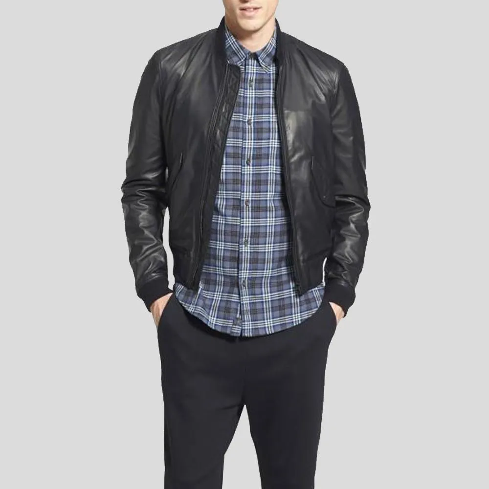 Lymo Black Bomber Leather Jacket for Men