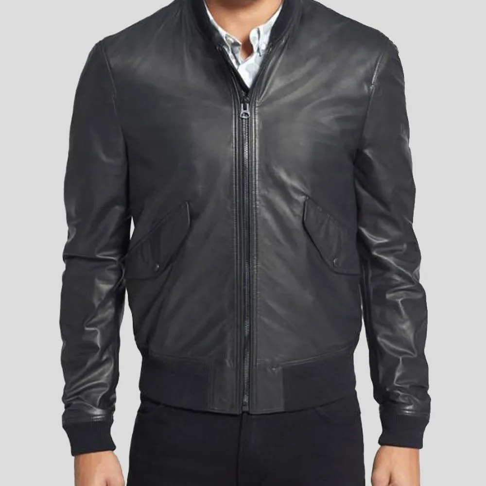 Lymo Black Bomber Leather Jacket for Men