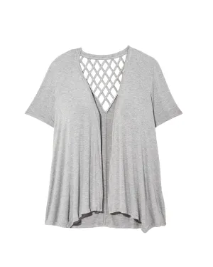 Lynn Short Sleeve Cardigan with Lattice Back | Light Grey