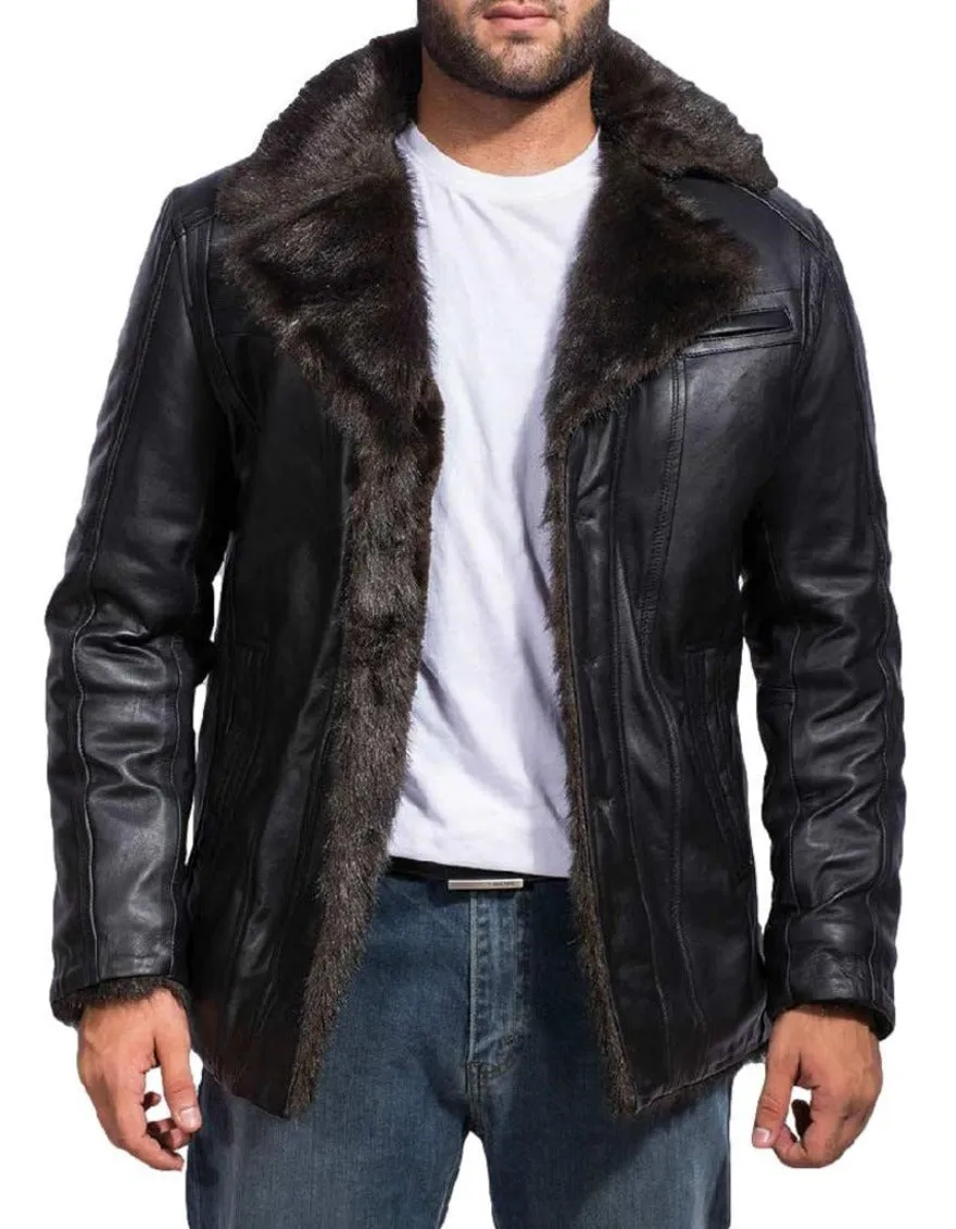 Mens Black Leather Shearling Coat | Genuine Nappa Sheepskin