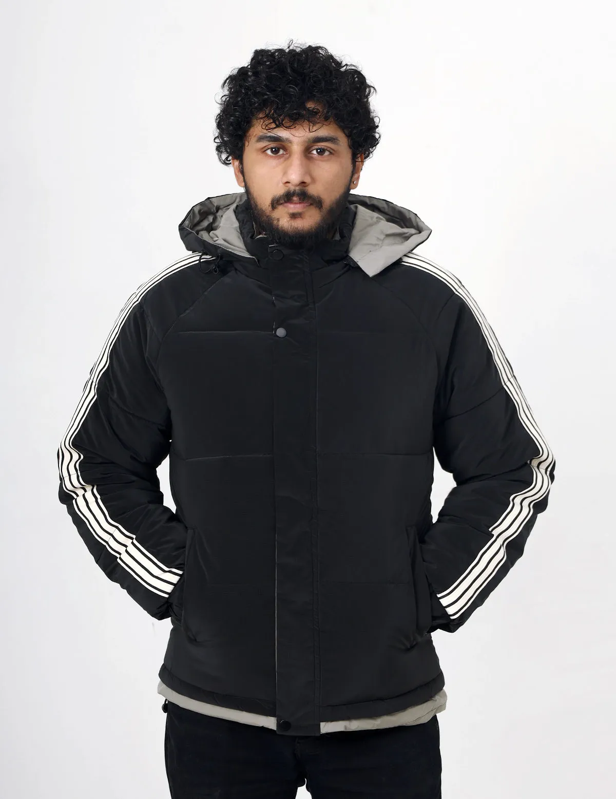 Men's Winter Wear Full Sleeves White Striped Quilted and Puffer Jacket - Black