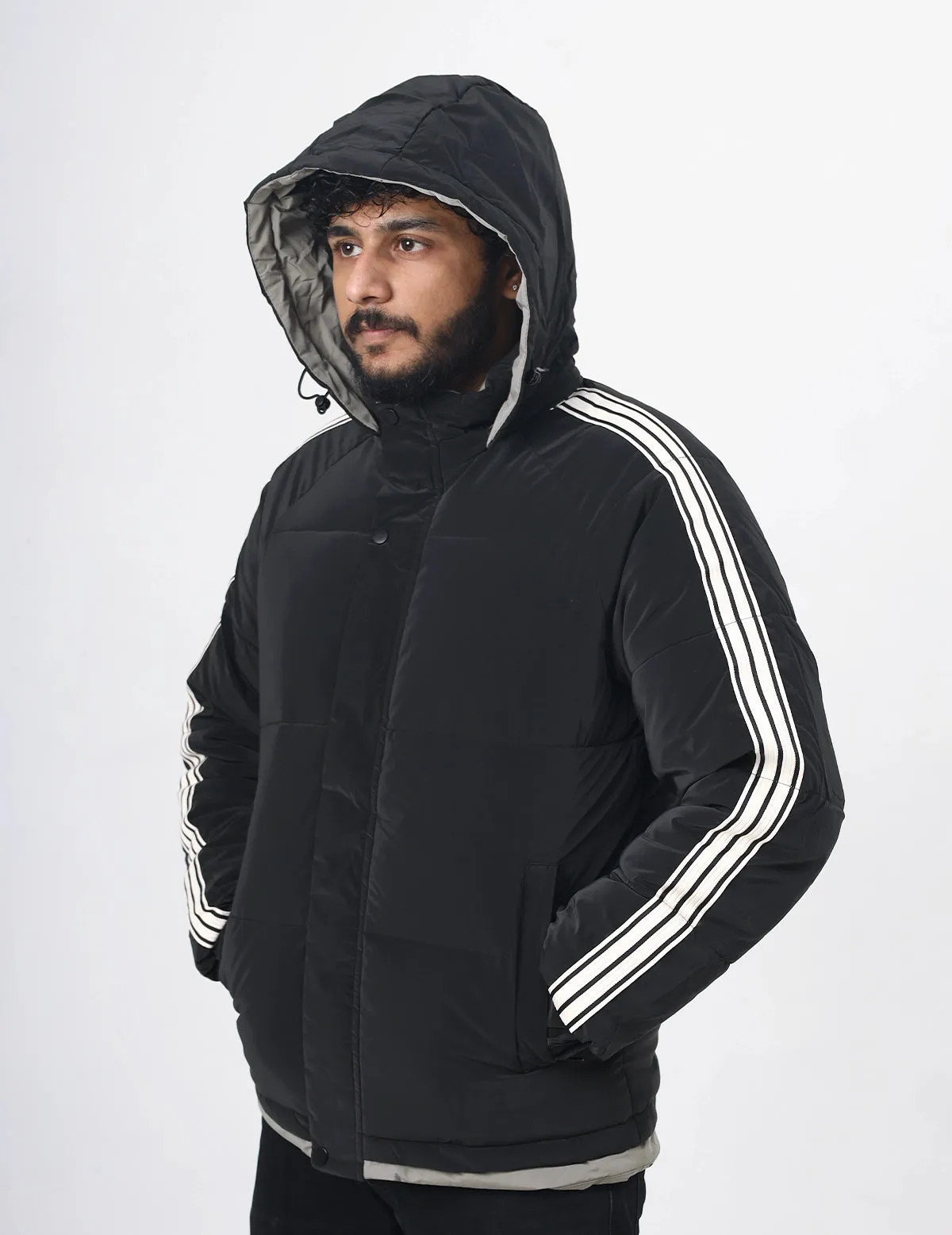 Men's Winter Wear Full Sleeves White Striped Quilted and Puffer Jacket - Black