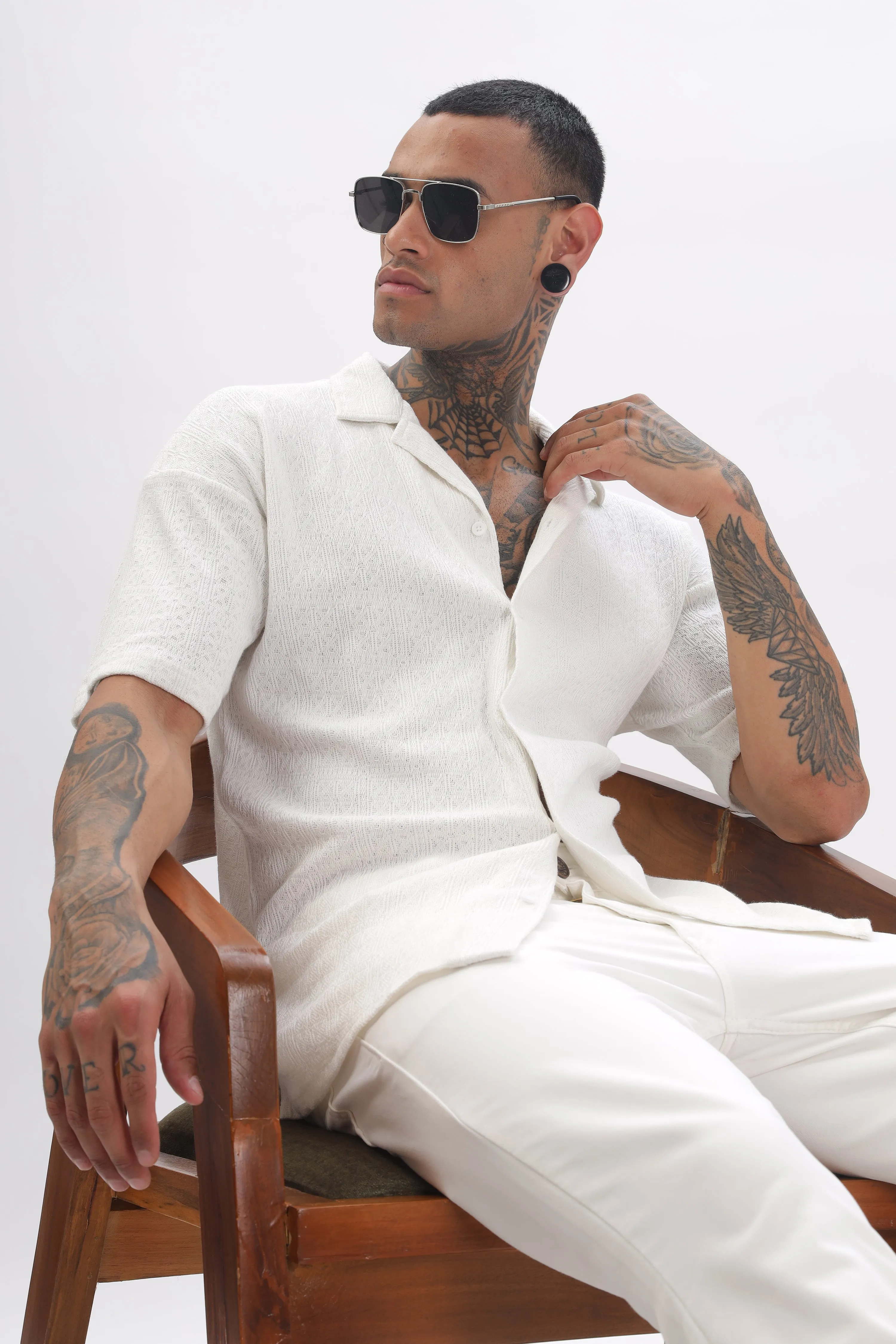 Midnight Breeze Cuban Collar White Shirt