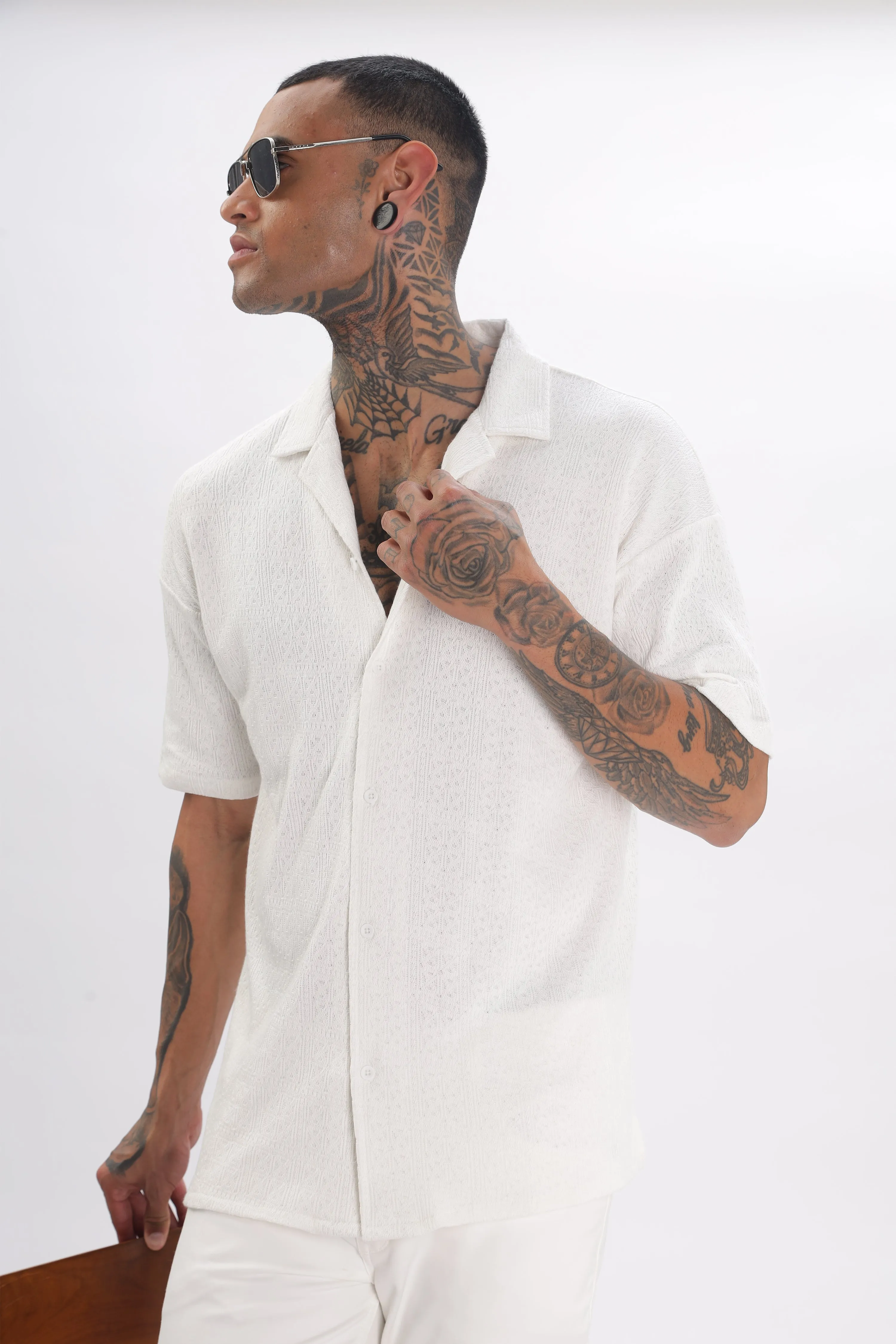 Midnight Breeze Cuban Collar White Shirt