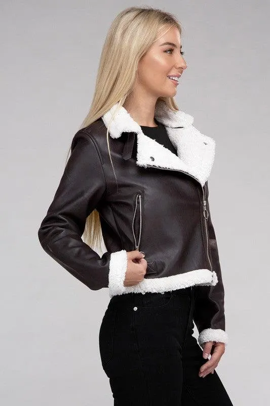 Plush Teddy Trimmed Pu Jacket