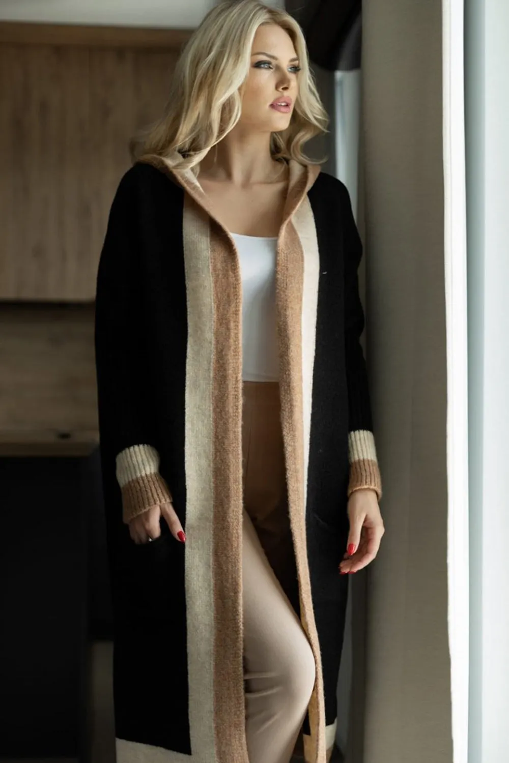 Pocketed Contrast Long Sleeve Hooded Cardigan