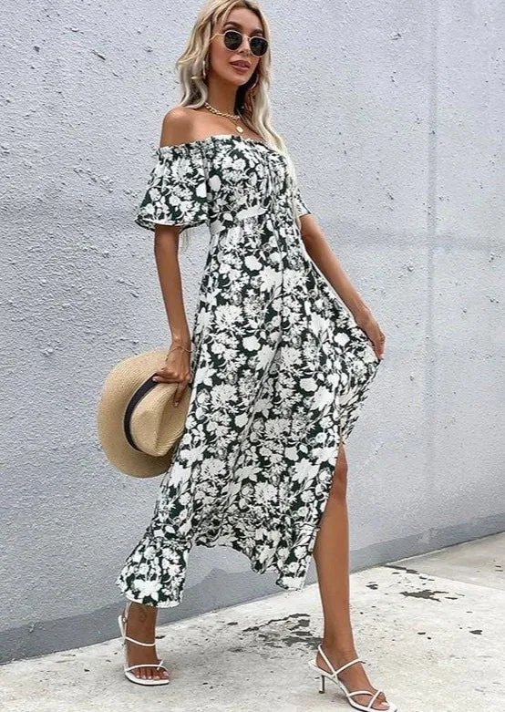 Pretty In Green - Off Shoulder Front Slit Dress