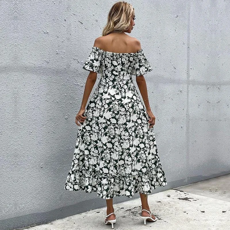 Pretty In Green - Off Shoulder Front Slit Dress