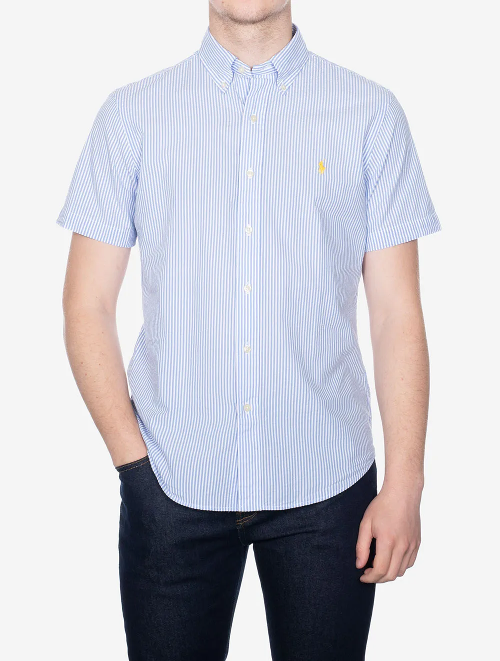 Seeksucker Shirt Sleeve Stripe Shirt Blue