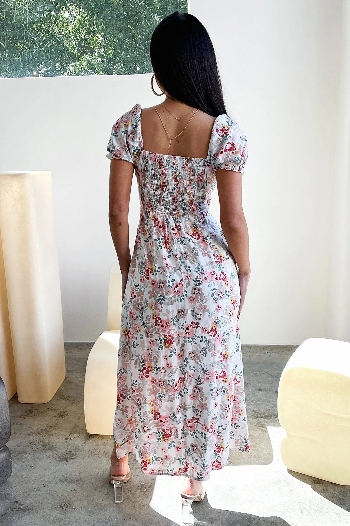 Solem Midi Dress - White / Pink Floral