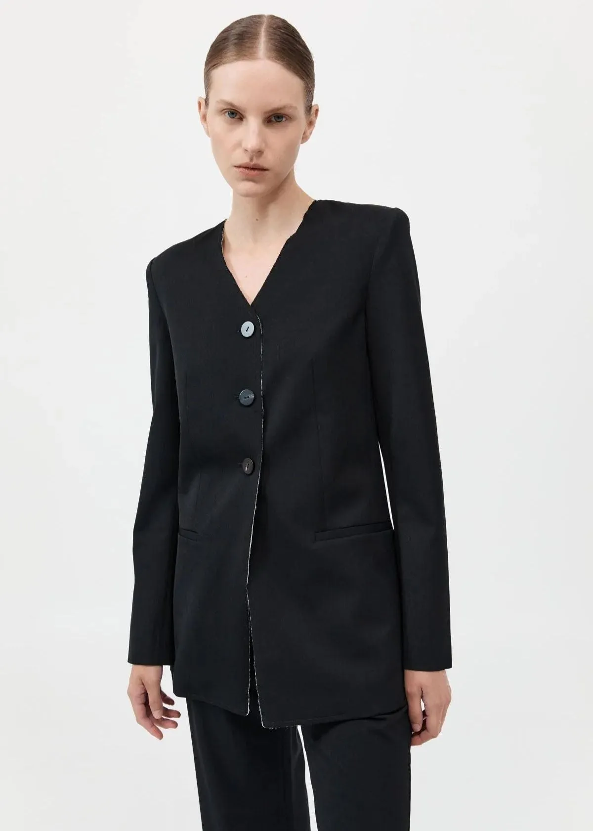 ST. AGNI Raw Edge Collarless Blazer - Black