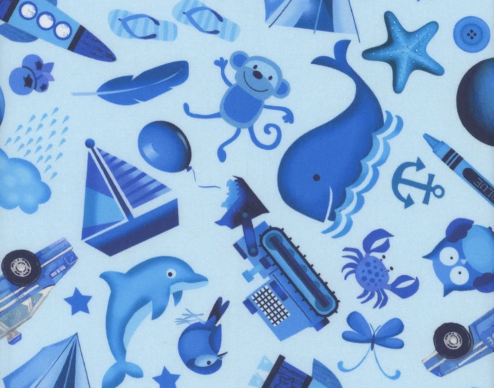 Ultramarine Blue I Spy Creatures & Stuff on Light Blue Quilting Cotton