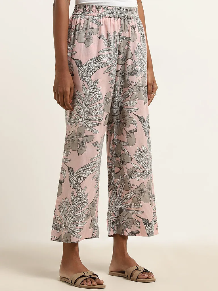 Utsa Light Pink Foliage Printed High-Rise Palazzos