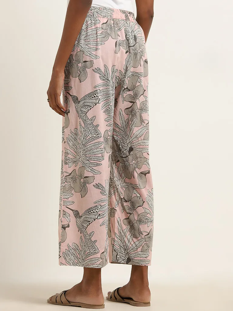 Utsa Light Pink Foliage Printed High-Rise Palazzos