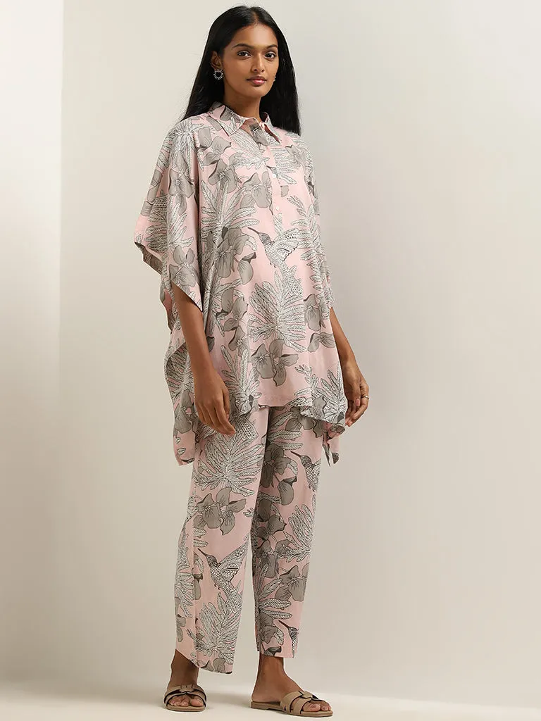 Utsa Light Pink Foliage Printed High-Rise Palazzos