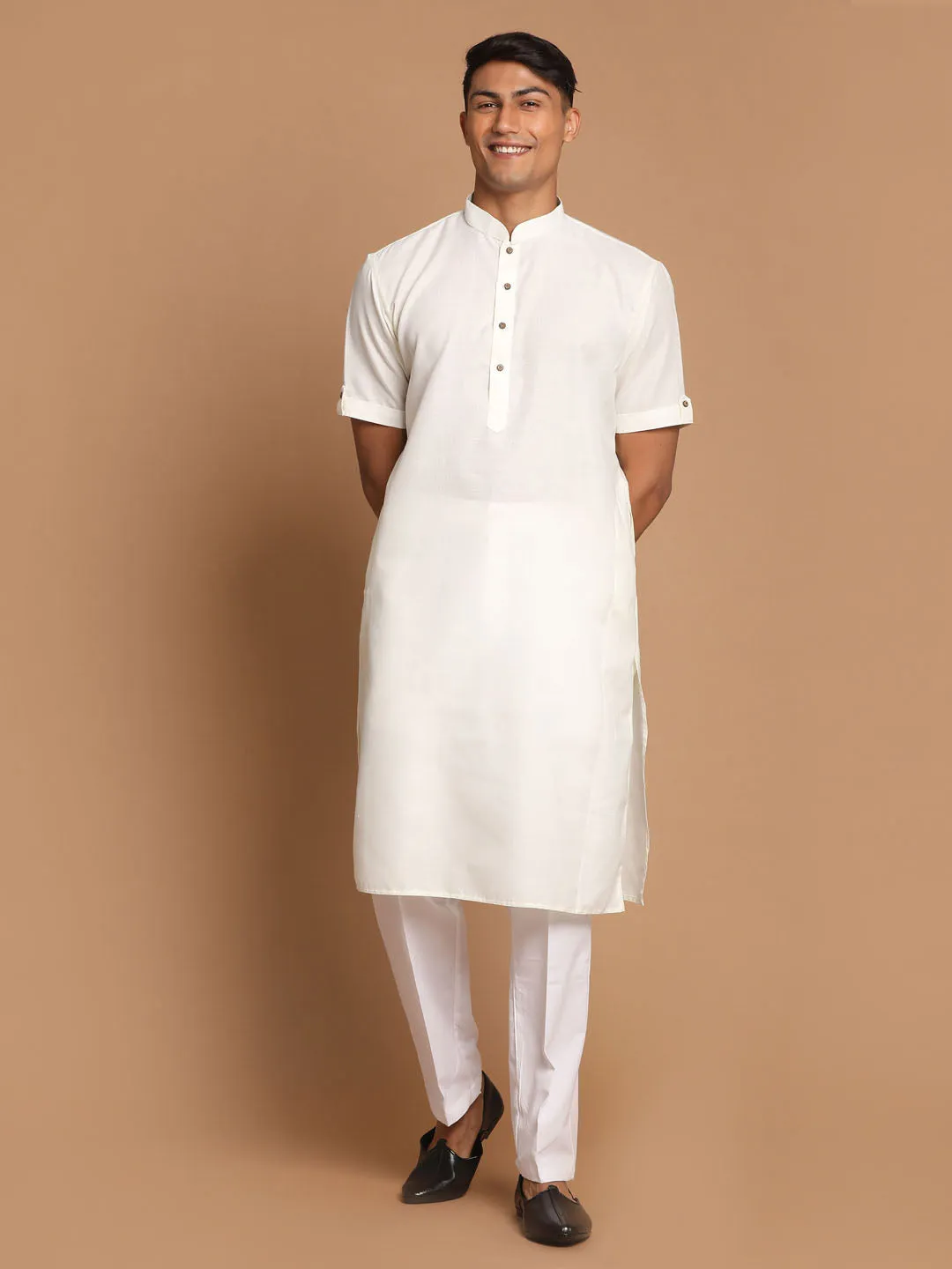 VASTRAMAY Men's Cream Kurta Pyjama Set