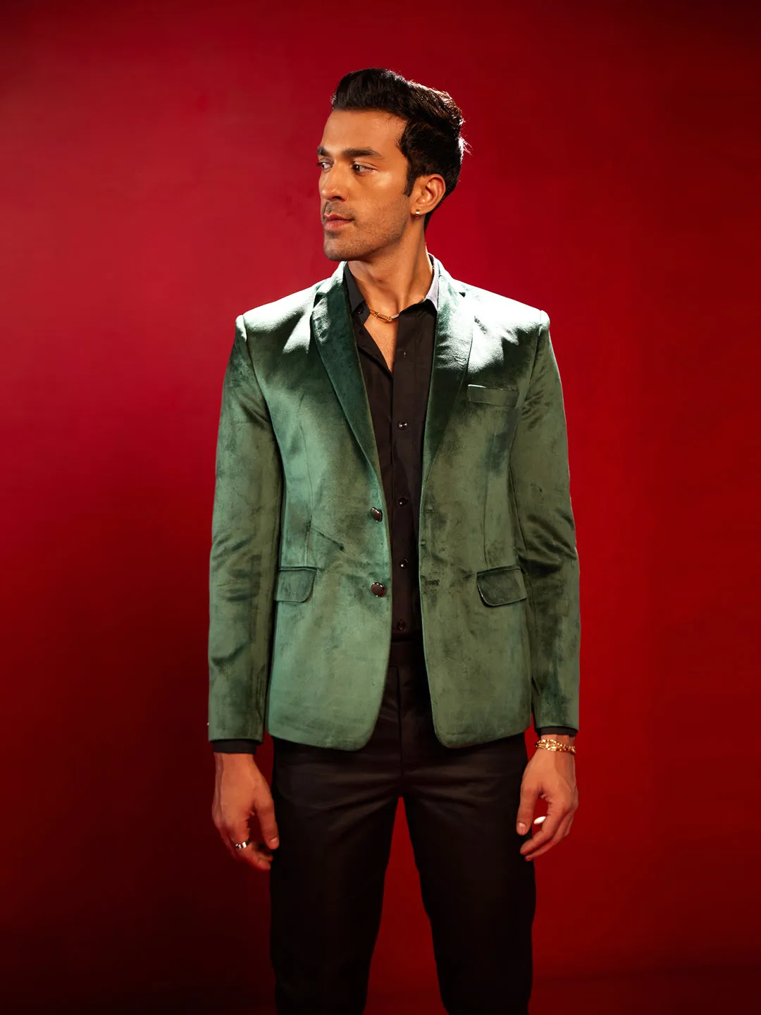 Vastramay Men's Green Velvet Fancy Blazer