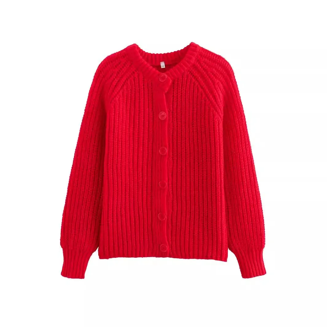 Wenkouban-Christmas Thanksgiving outfits_Short Cardigan with Round Neck Long Sleeve Fashionable Red Christmas Sweater