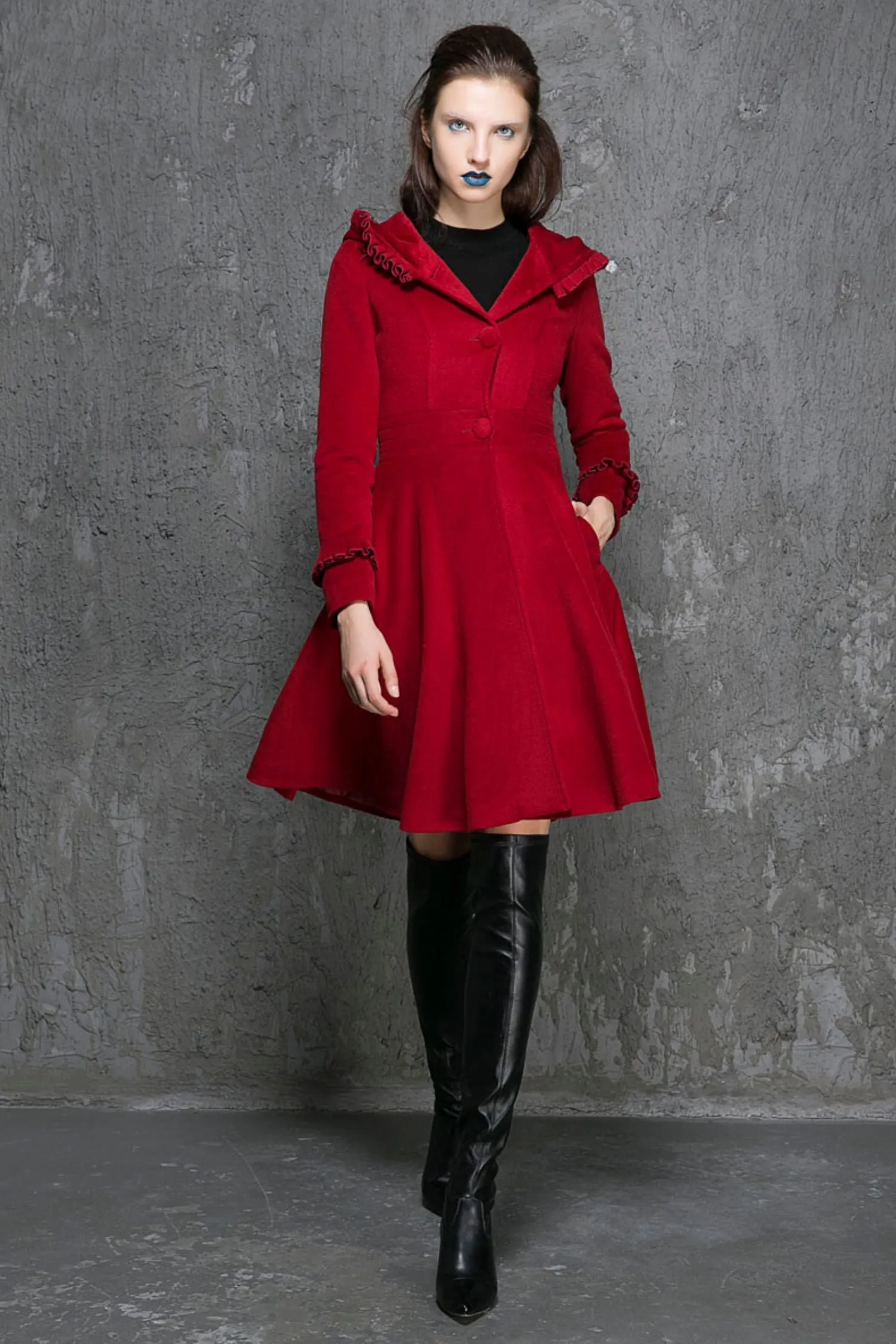 Wine red wool winter women hooded coat 1354