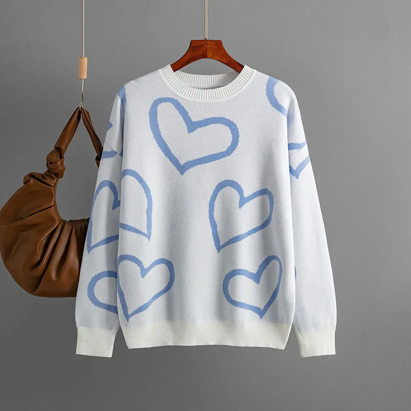 Women's Fashion Round Neck Heart Color Clash Sweater