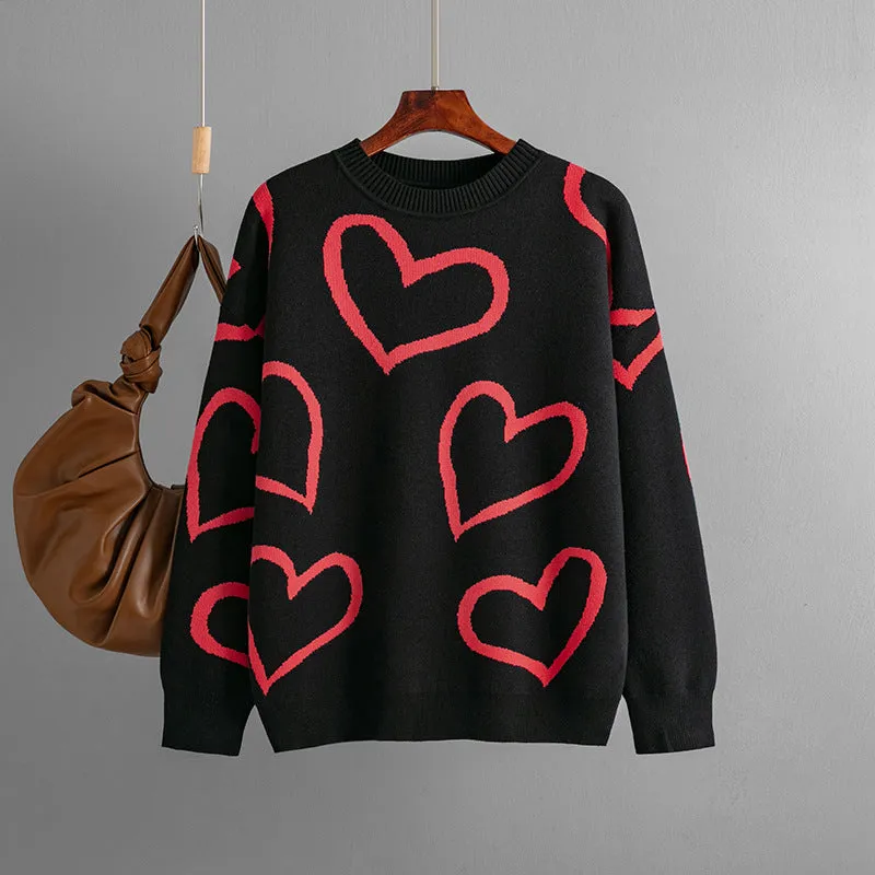 Women's Fashion Round Neck Heart Color Clash Sweater