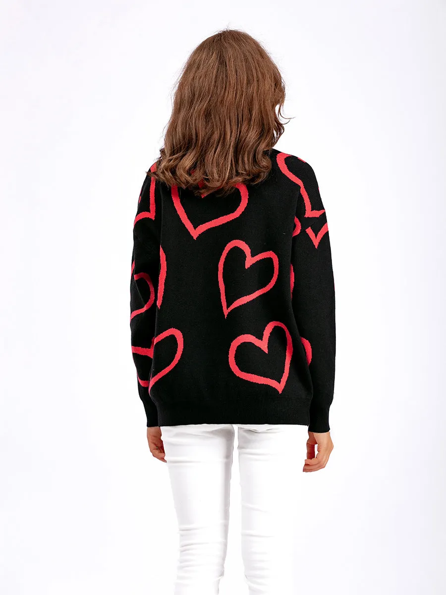 Women's Fashion Round Neck Heart Color Clash Sweater